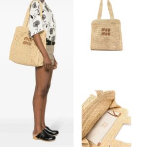 미우미우 우븐 패브릭 라피아 사각백
