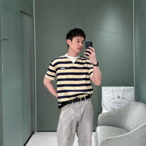프라다 옐로우 네이비 스트라이프 저지 티셔츠